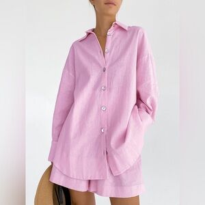Pink Button-Up Shirt and Shorts Set Cotton Cc22